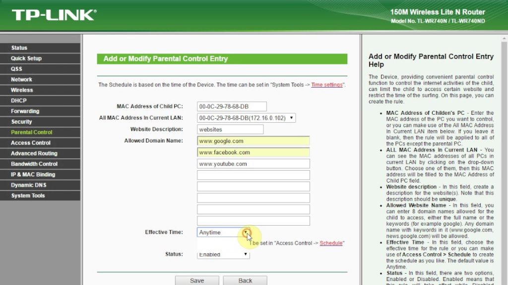 TP-Link router Parental Control