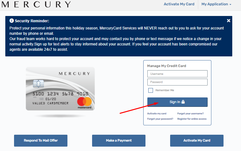 Mercury Credit card Login
