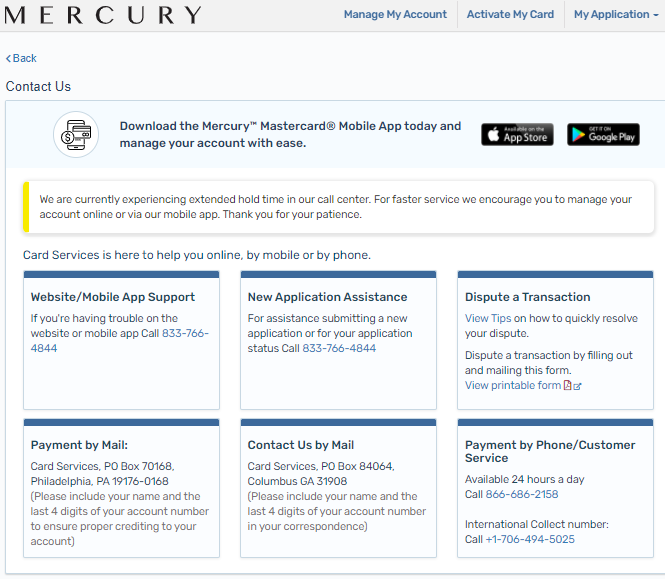 Mercury Credit Card payment