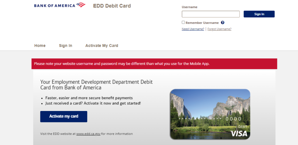 EDD Bank of America Debit Card