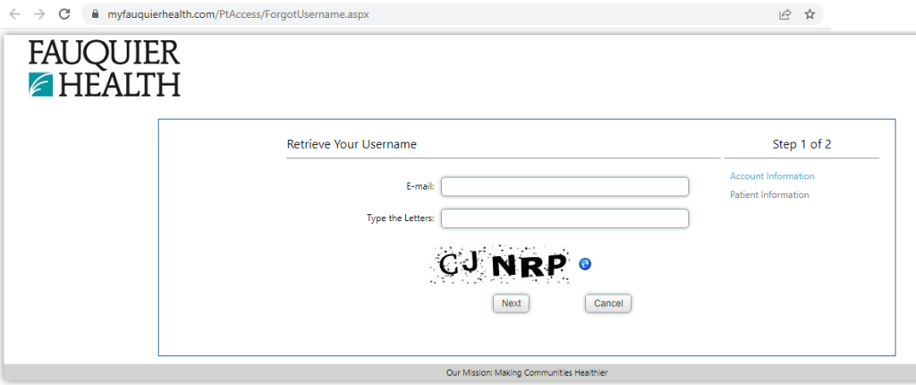 Fauquier Patient Portal Reset Your User Name
