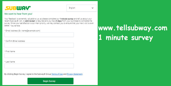 www.tellsubway.com 1 minute survey